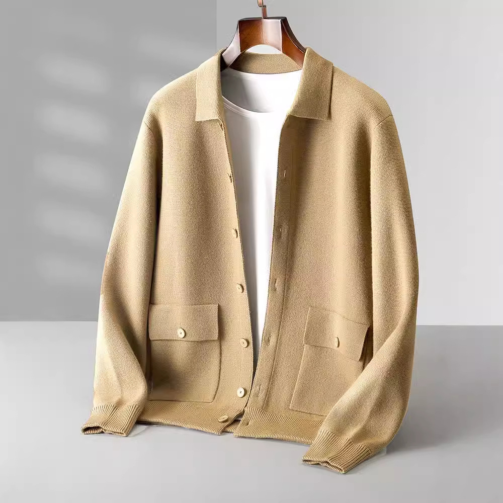 男士翻领澳洲羊毛系扣开衫秋冬季复古口袋厚款外套POLO大码西装男