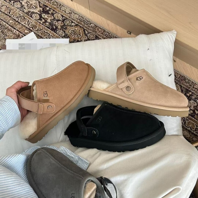 Lana Flat Birkenstock Shoes, Furry Slippers for Women, New Autumn and Winter Slip-On Snow Boots, Fleece-Lined Toe Cotton Slippers