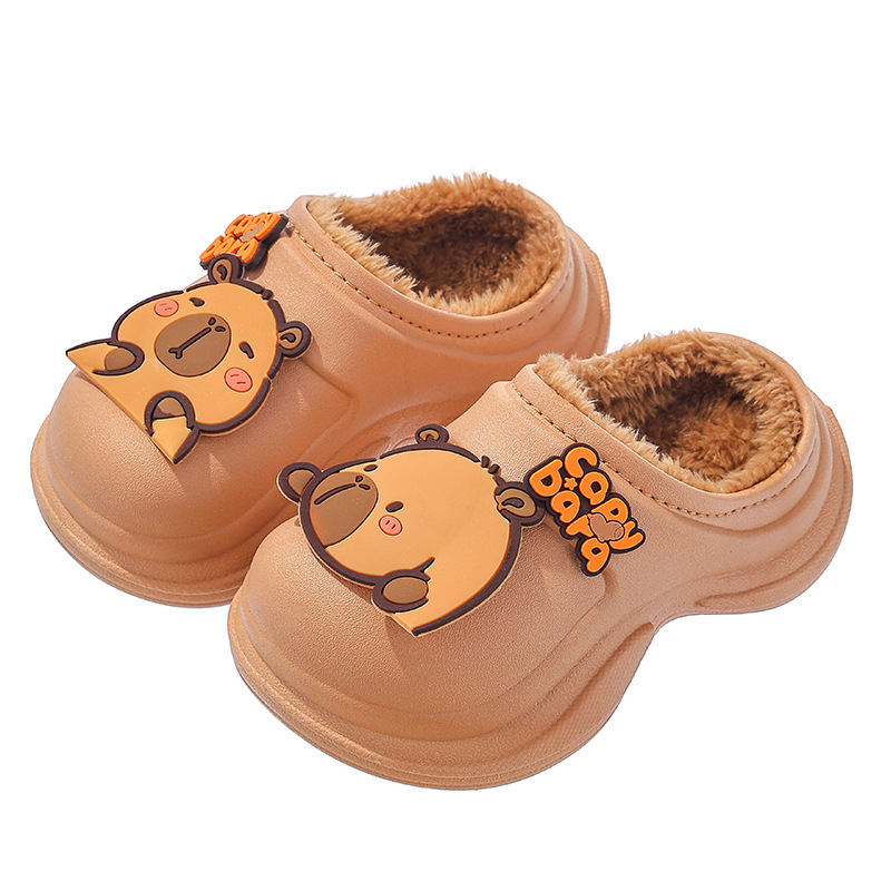 Capibara otoño y invierno zapatillas de algodón para niños, niños, niñas y niñas, calentamiento, terciopelo impermeable, bolsas de tacones de algodón para niños y niños.