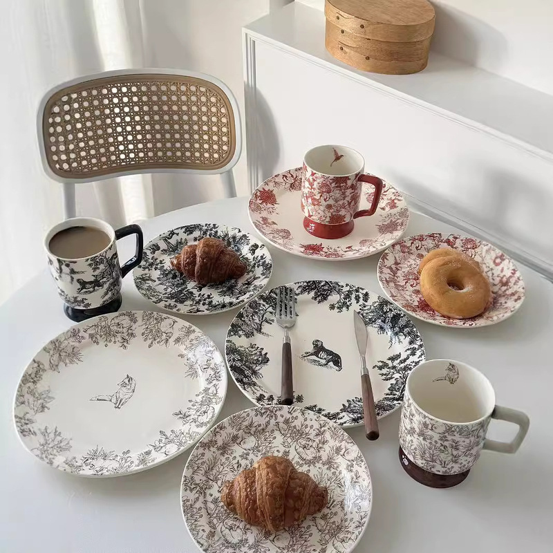 French Style Vintage Dinner Plate Forest Series Plate Dish Plate Home Western Restaurant Breakfast Plate Ceramic Dessert Steak Paglio