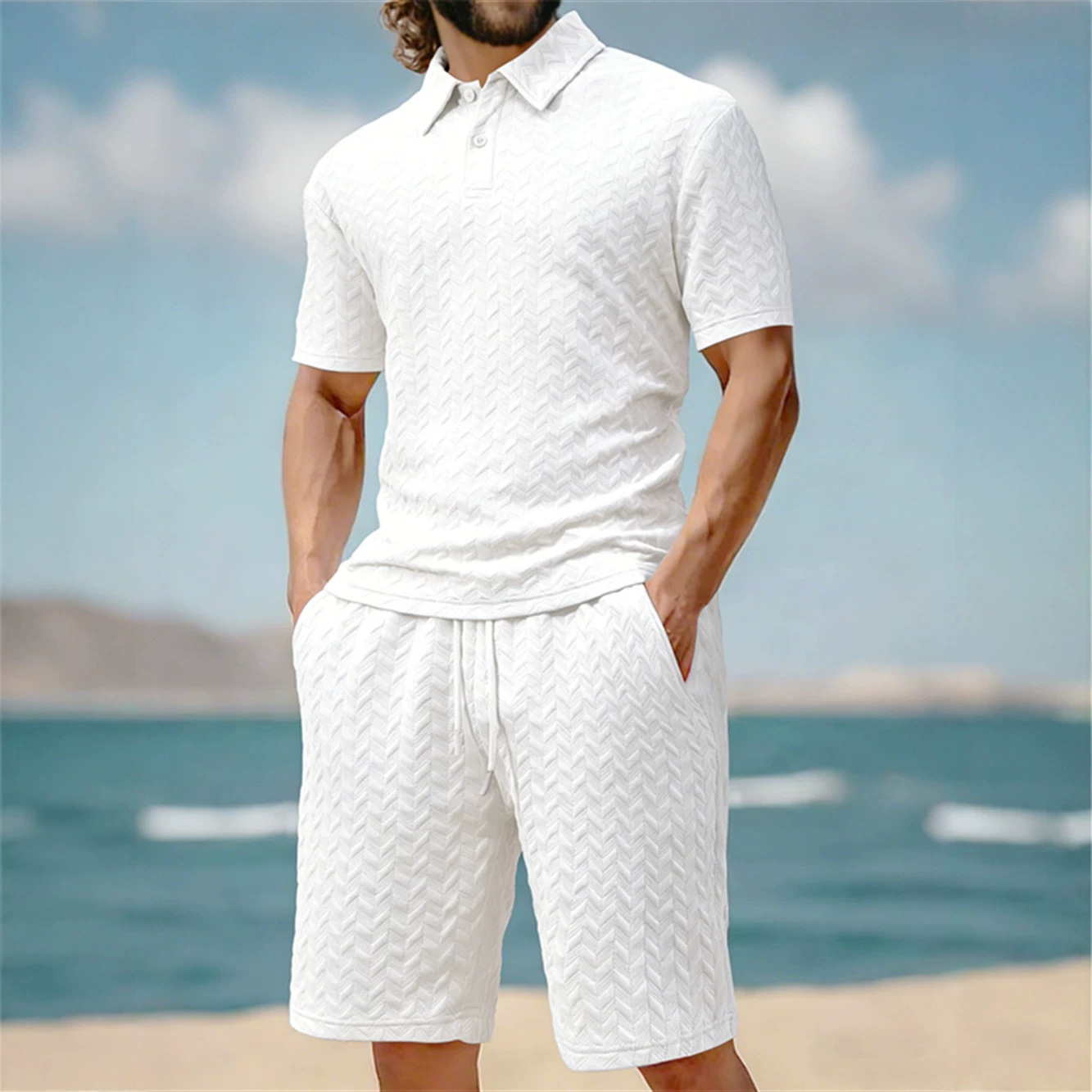 Men's Short Sleeve Polo Shirt Set Jacquard Design Comfort Fit Casual Summer Wear Breathable Polyester Fabric_viptrois.com