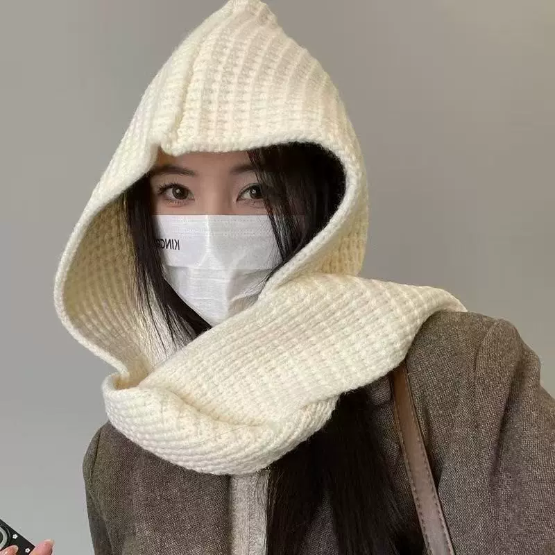 韩版披肩帽子围巾一体两件套纯色保暖秋冬季两用针织拉法是时尚帽