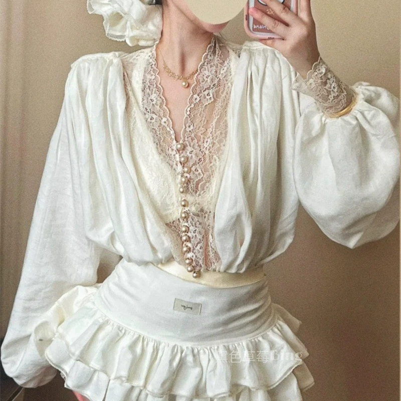 Кружевная весенняя рубашка, пояс, юбка, французский стиль, высокая талия