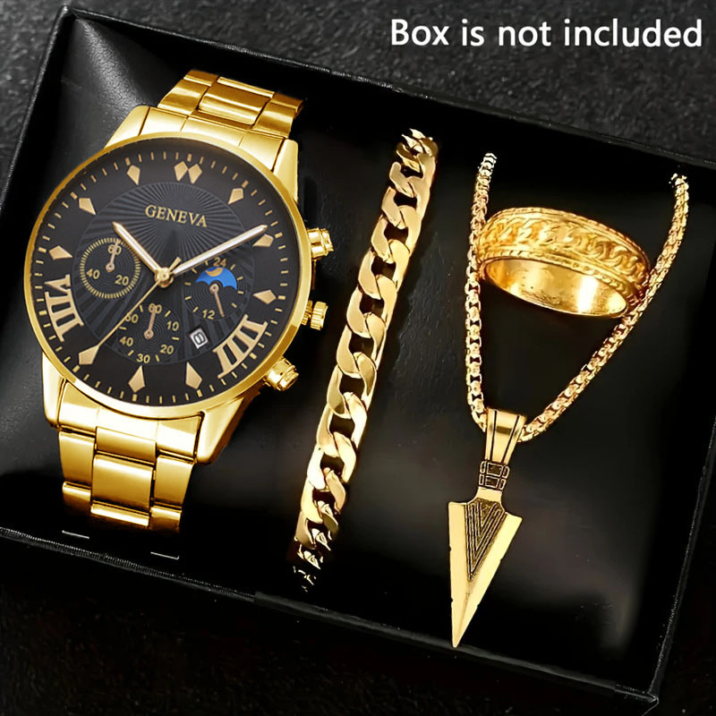 Foreign Trade Popular Men's Watch 4-Piece Set High-End Large Dial Calendar Steel Band Watch Men's Luminous Quartz Watch