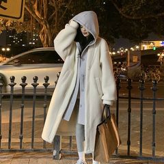 源头工厂韩国2025秋冬新款长款连帽裙外套羊羔绒百搭宽松时尚外套