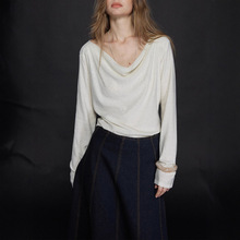 港米服饰/桑蚕丝气质荡领长袖针织衫新款慵懒风早秋穿搭羊毛上衣