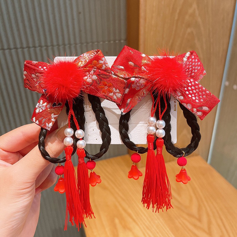 Año Nuevo horquilla accesorios para el cabello de los niños Hanfu estilo antiguo borla arco horquilla niña bebé peluca trenza cabeza Accesorios