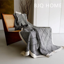 黑白几何针织毯 轻奢软装沙发搭毯搭巾单人午休毛毯 复古盖毯披肩