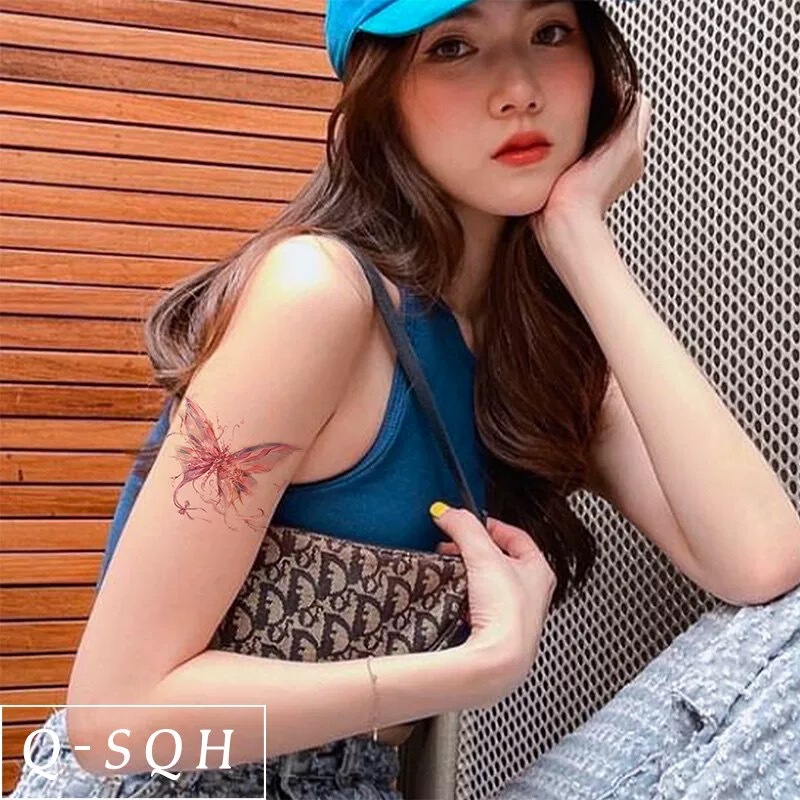 彩色蝴蝶纹身贴女防水持久小清新ins风粉色蝴蝶高级感锁骨脚踝贴|undefined
