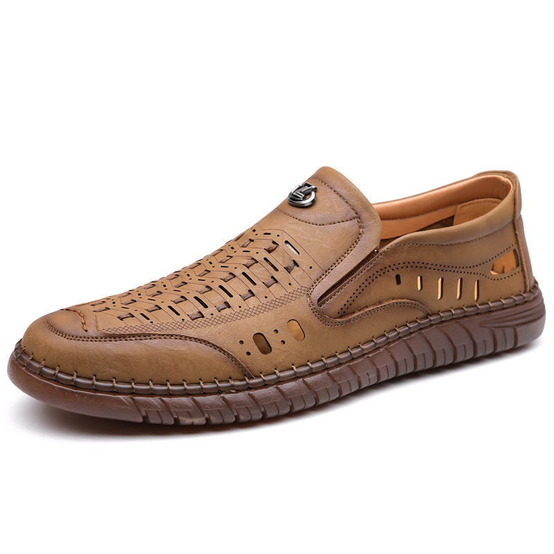 Dép sandal nam da dệt thoáng khí kiểu lười mũi vuông cỡ lớn — Màu kaki, Màu trắng, màu đen