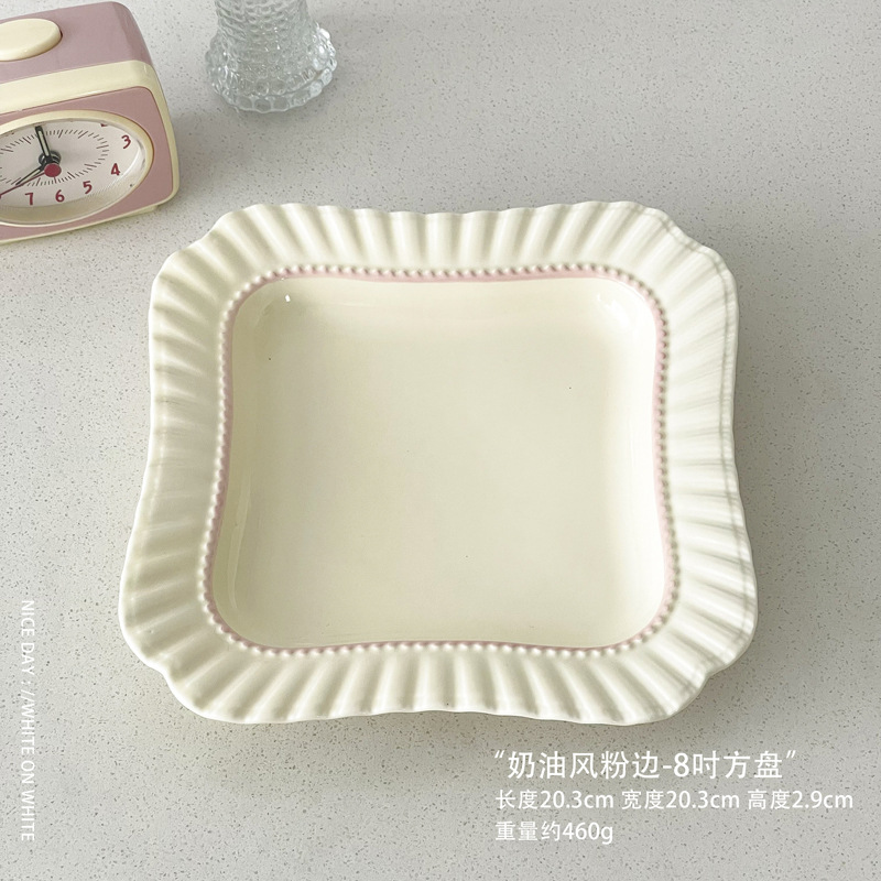 크림스타일 핑크엣지 - 사각접시 8inch개