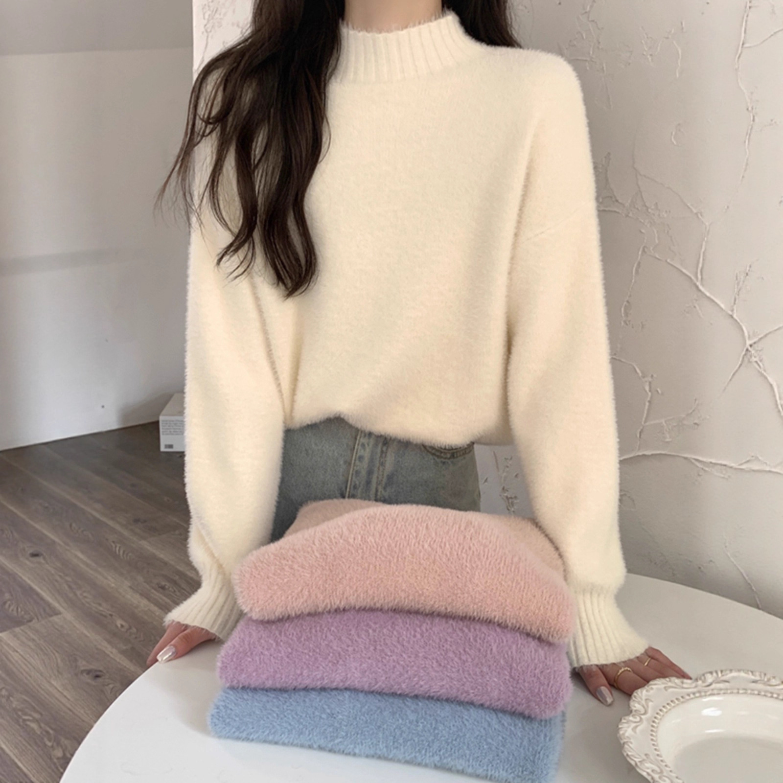 针织衫毛衣女加厚秋冬气质保暖加绒内搭慵懒宽松半高领打底针织衫