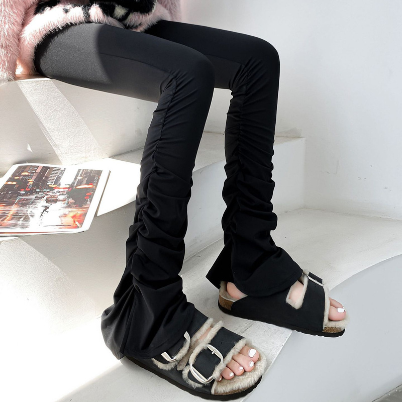 Japanese-Style Black Flared Shark Pants for Women, Spring and Autumn Extended Version, High-Waisted, Slimming, Ruched, Stacked, Floor-Length, Bootcut Pants