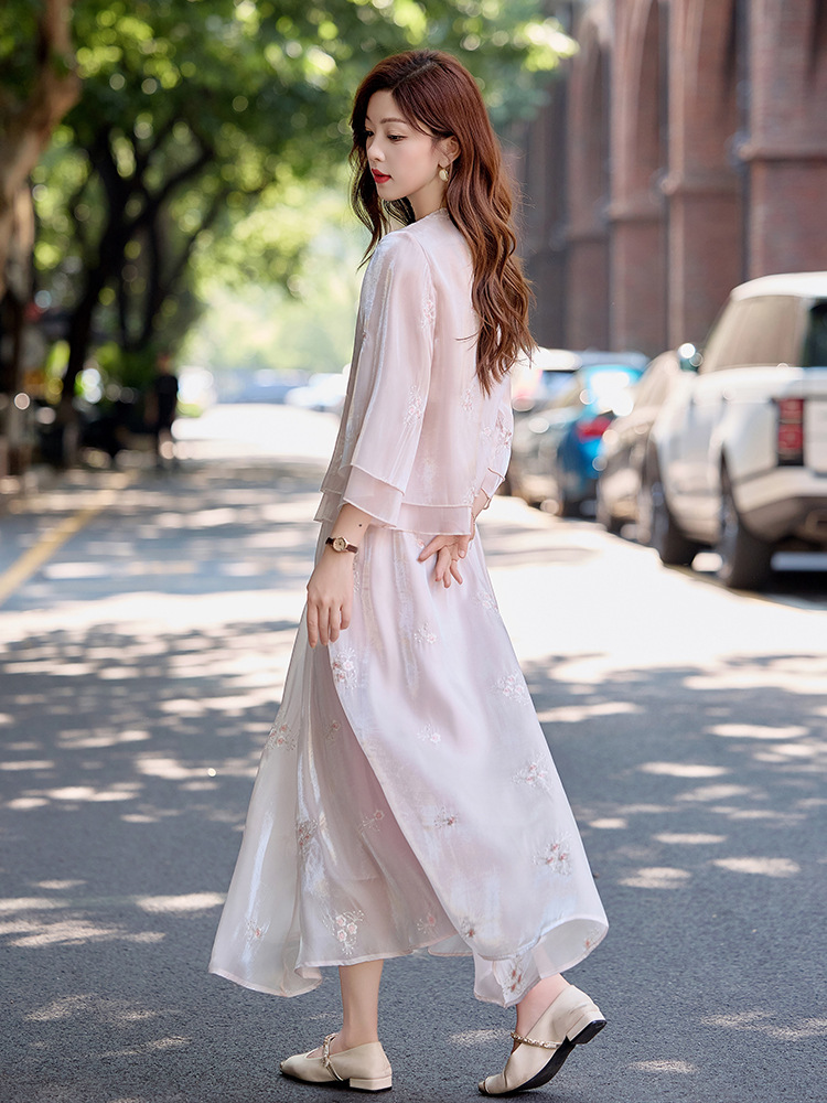 Bộ đầm maxi nữ thắt eo phong cách Trung Hoa mới tay ngắn cổ đứng — Màu như hình
