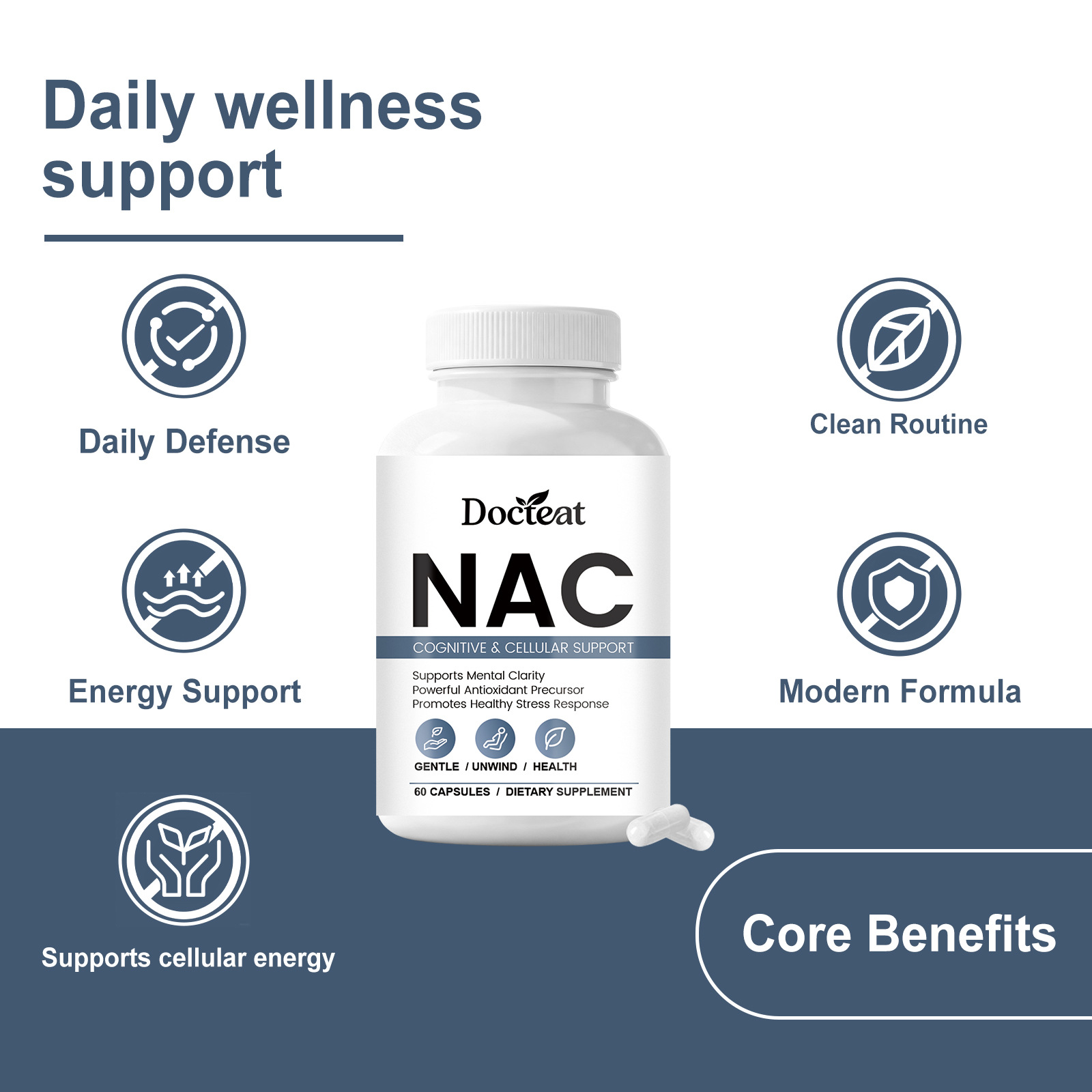 DOCTEAT NAC健康护理胶囊 温和配方能量支持促进每日活力放松舒适