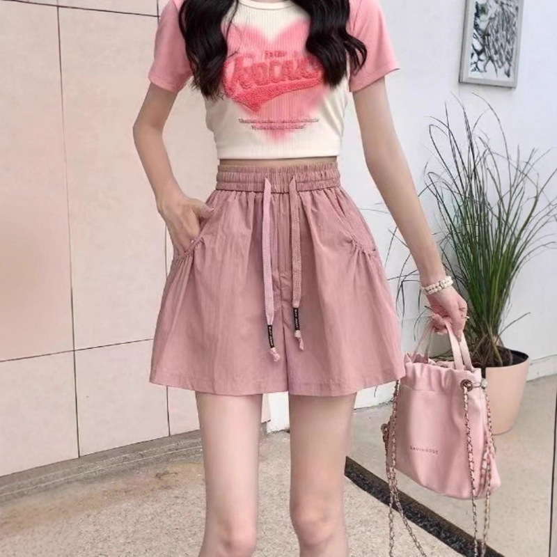 Summer High-Waisted Straight-Leg Casual Pants with Drawstring, Fashionable Shorts, Versatile Five-Point Shorts for Petite Women, Slimming Sports Pants