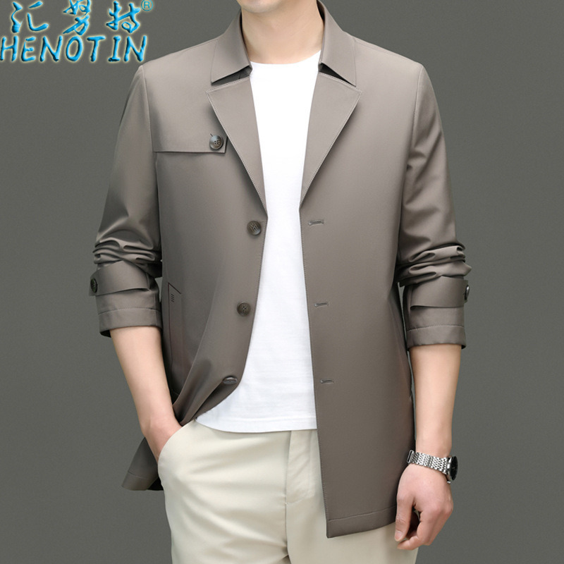 Huinute Men's Mid-length Coat Business Casual Wear Collar Solid Color Loose Jacket Jacket Dad's Clothes
