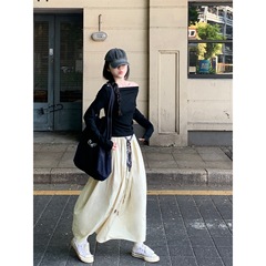 实拍 温柔风斜肩修身长袖T恤上衣女秋季百搭纯色半身裙套装88413