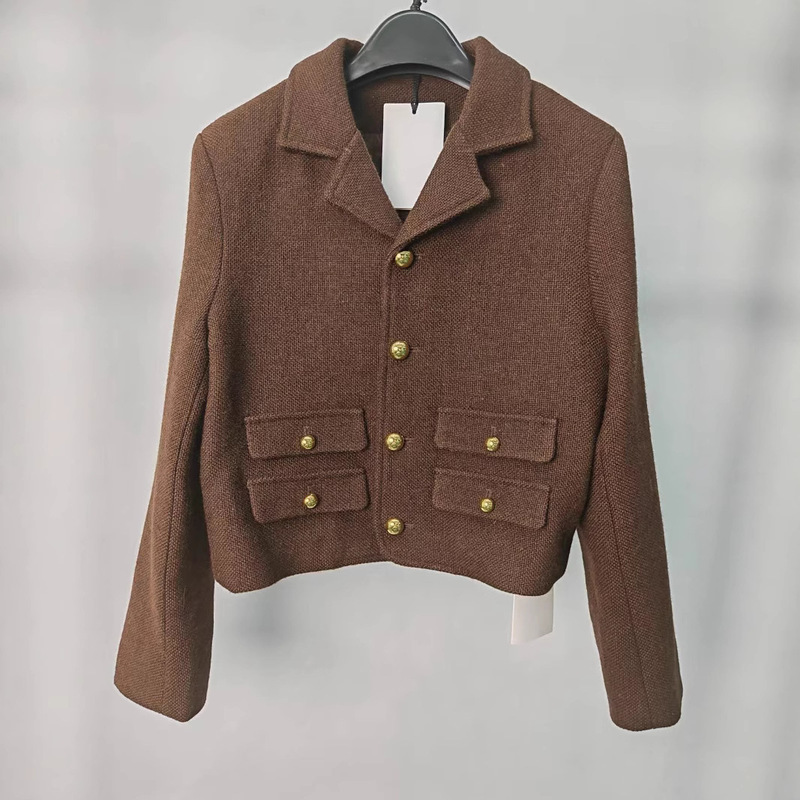 Spring and Autumn 25Ce Brown Woolen Short Jacket French Suit Lapel Metal Buckle Ready Stock Real Shot Short Commuting Style