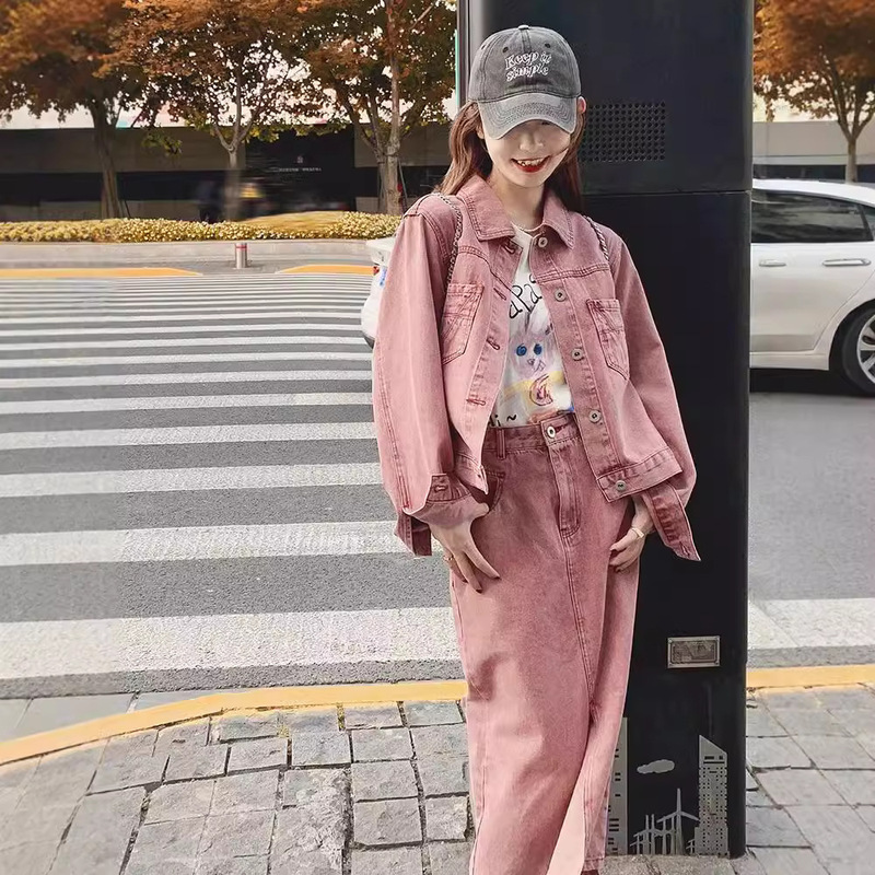 American Retro Rose Pink Washed Denim Short Coat Lapel Women's Overskirt suit Two-piece Casual Autumn New