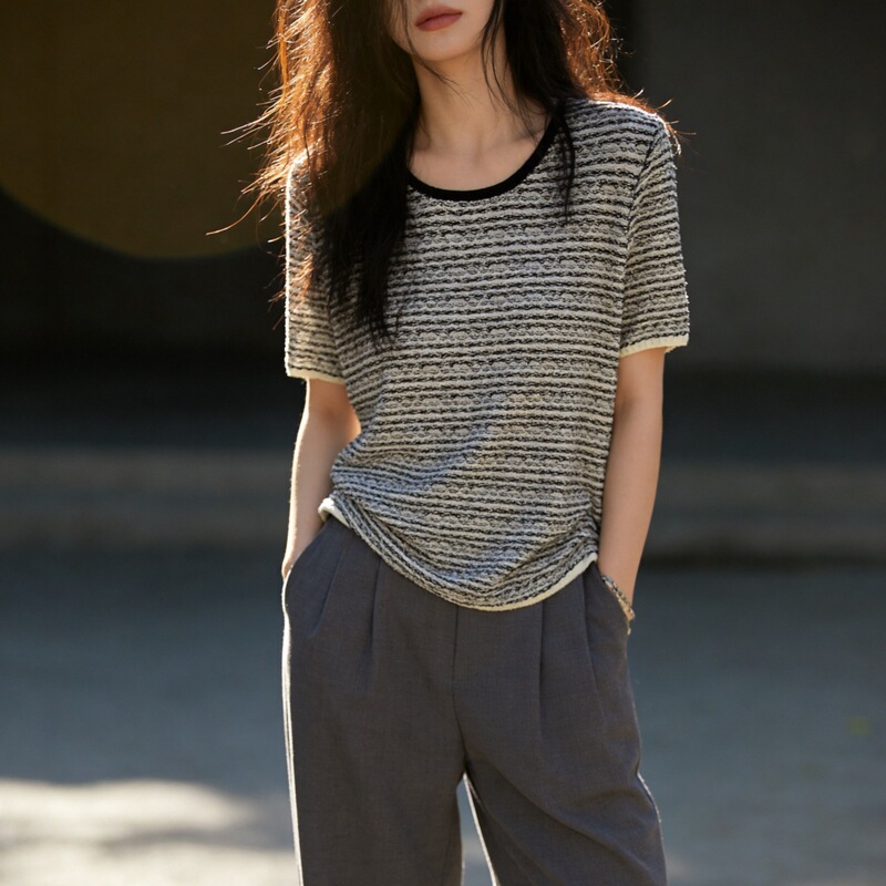 [Customized] 14-Gauge Pearl Linen Black and White Mixed Striped Round Neck Short-Sleeve Color-Block T-Shirt Summer Knitwear for Women