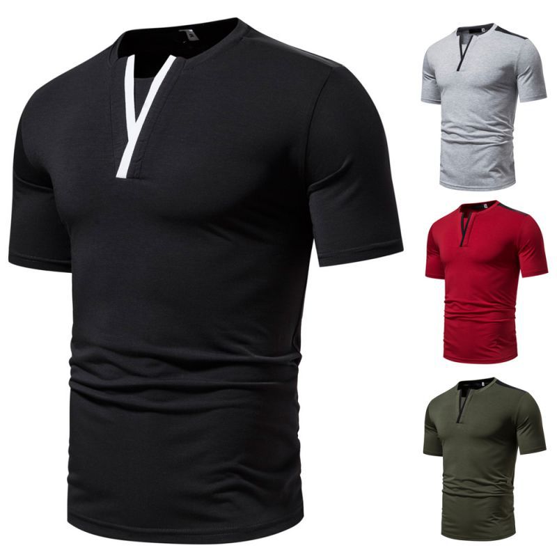 Muscle slimming summer new casual fashion top patchwork collar letter Y design short sleeved T-shirt for men_voghion.com