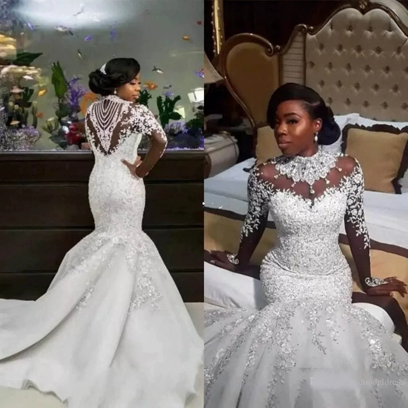 European and American Cross-Border Wedding Dress, Sexy Long-Sleeve Sheer Beaded Lace High-Neck Mermaid Wedding Gown, Bridal Dress for African Brides European and American Cross-Border Wedding Dress, Sexy Long-Sleeve Sheer Beaded Lace High-Neck Mermaid Wedding Gown, Bridal Dress for African Brides