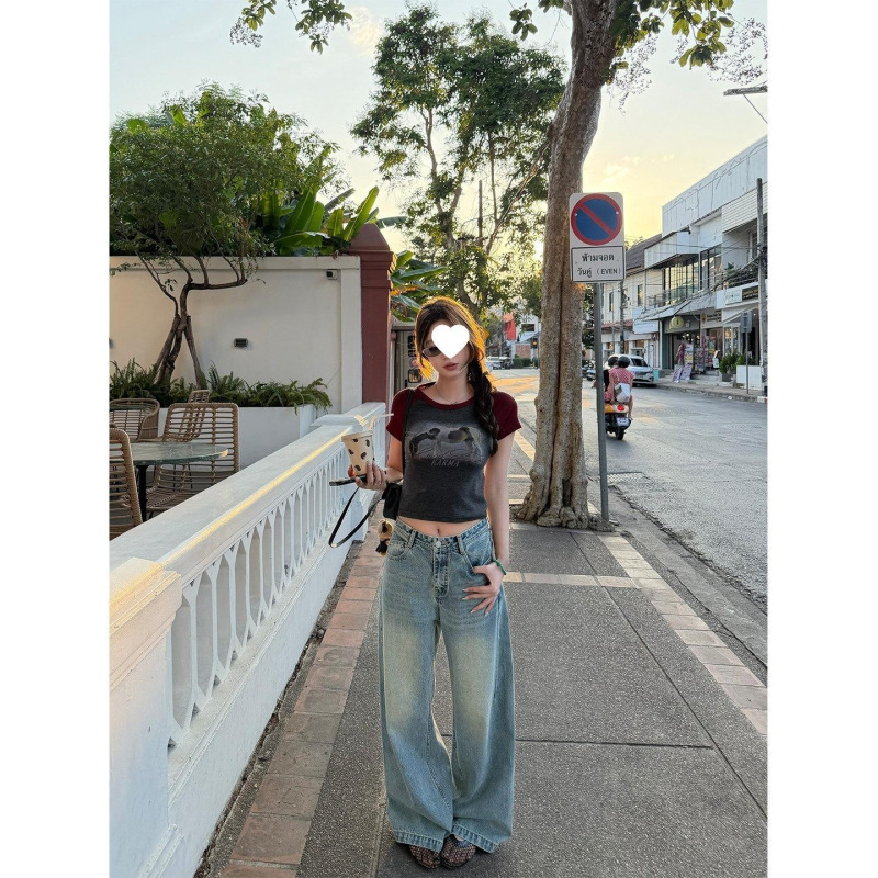 Great Fit for the C-Shaped Figure! Washed Summer Blue Three-Dimensional Straight-Leg Pants for Women, Loose and Slimming Wide-Leg Jeans