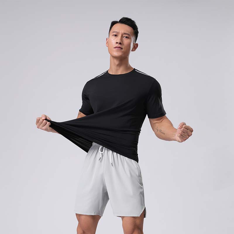 Cross-border nylon de secado rápido camiseta hombres Amazon eBay fitness correr cuello redondo deportes hielo seda manga corta entrenamiento top