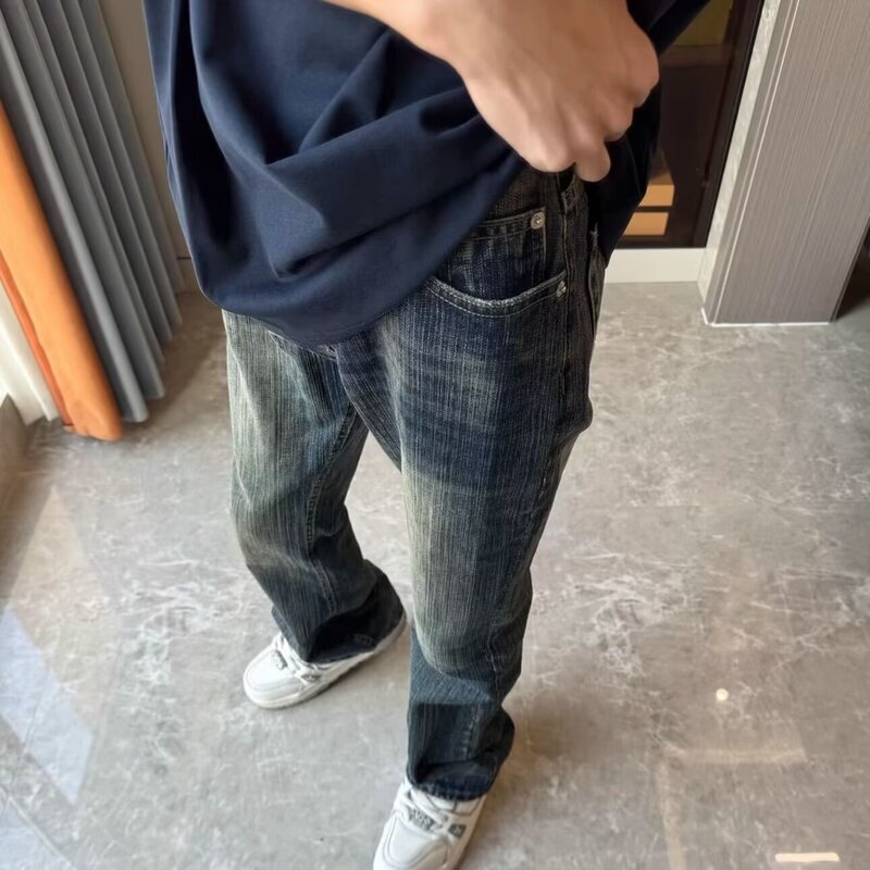 Washed Vintage Bamboo Stripe Jeans American High Street Cleanfit Pants for Men Slim Fit Tall Flared Pants Washed Vintage Bamboo Stripe Jeans American High Street Cleanfit Pants for Men Slim Fit Tall Flared Pants