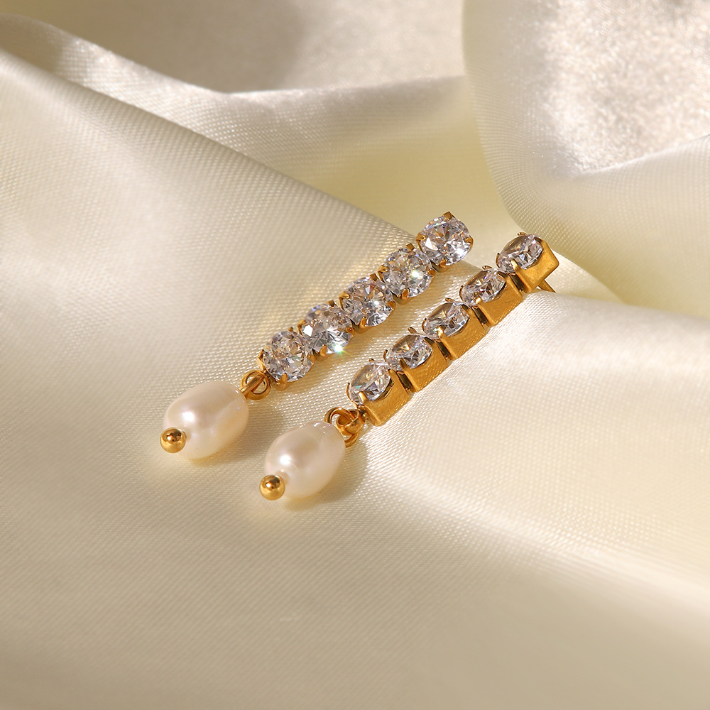 18K Real Gold Plated Plating Material Pearl, Zircon Inlay Material 1 Pair Luxurious Geometric Inlay Stainless Steel Pearl Zircon Drop Earrings