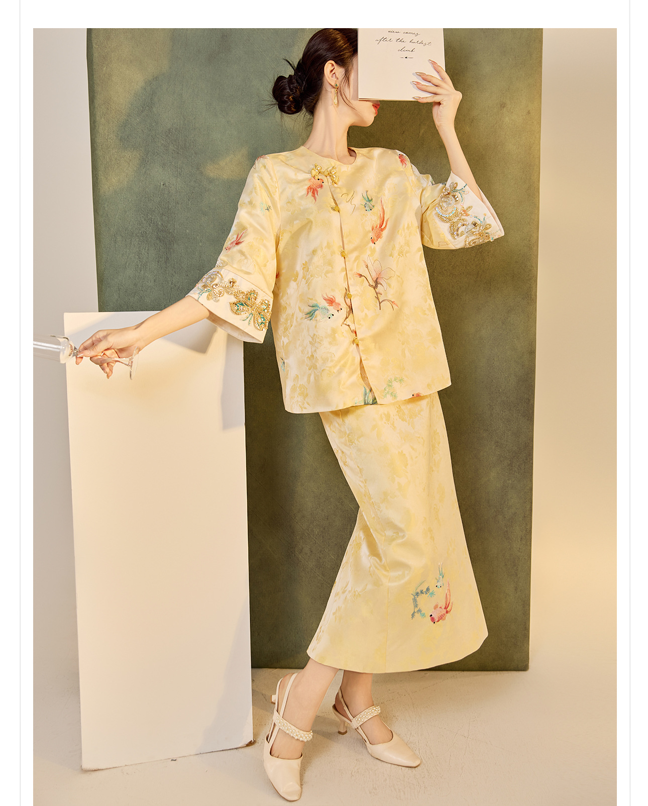 Bộ áo váy satin thêu jacquard cổ tròn phong cách Trung Hoa N6026 — áo, váy chi tiết 14