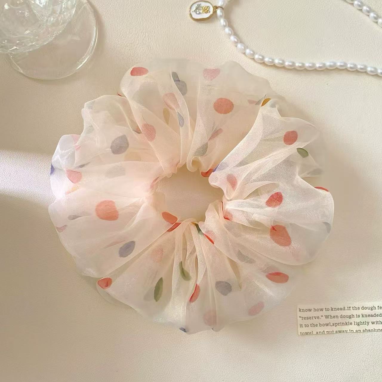 95# low saturation color dot beige bubble hair tie about 15cm