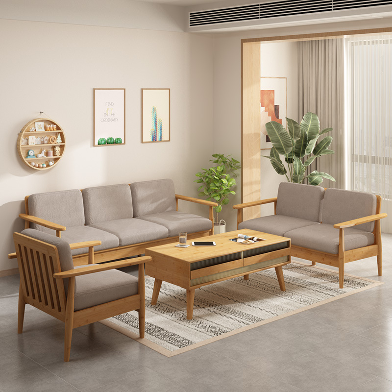 Sofá de madera maciza de estilo japonés pequeño apartamento combinación de tres asientos muebles sala de estar invierno y verano de doble uso de registro simple sofá de tela
