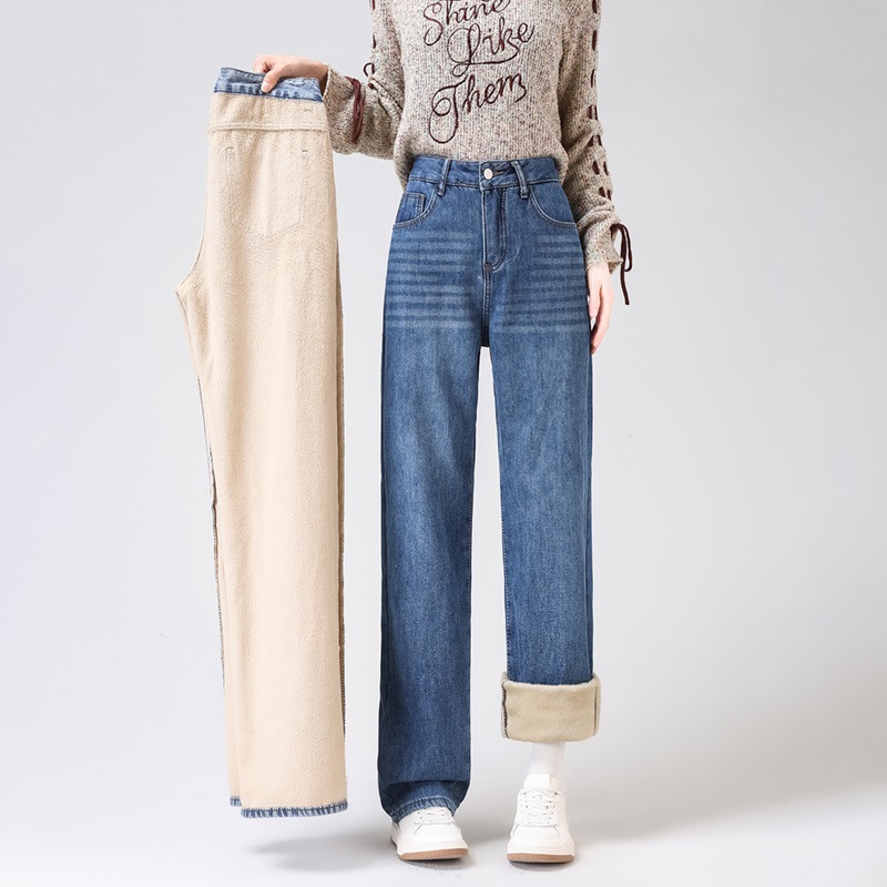 牛仔裤女秋冬加绒裤子2025新款小个子高腰显瘦窄版直筒阔腿拖地裤