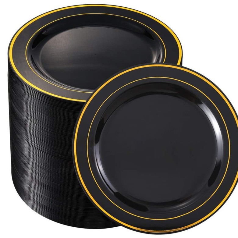 Plato desechable transfronterizo 7.5 9 10.25 pulgadas Plato de plástico con fondo negro y Phnom Penh Plato alimenticio dorado PS