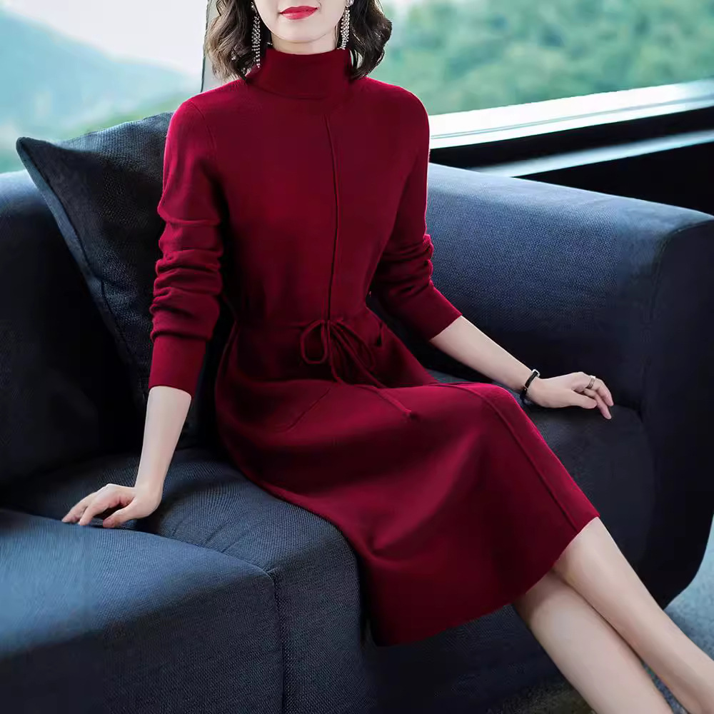 品牌时尚系带长款毛衣连衣裙女2025新款百搭中年妈妈装羊毛针织衫