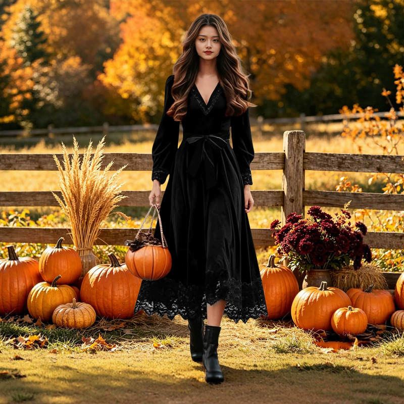 2026 New Velvet Dress for Women, Vintage V-Neck Lantern Sleeves, High Waist Flared Skirt, Black Lace Patchwork Long Dress 2026 New Velvet Dress for Women, Vintage V-Neck Lantern Sleeves, High Waist Flared Skirt, Black Lace Patchwork Long Dress