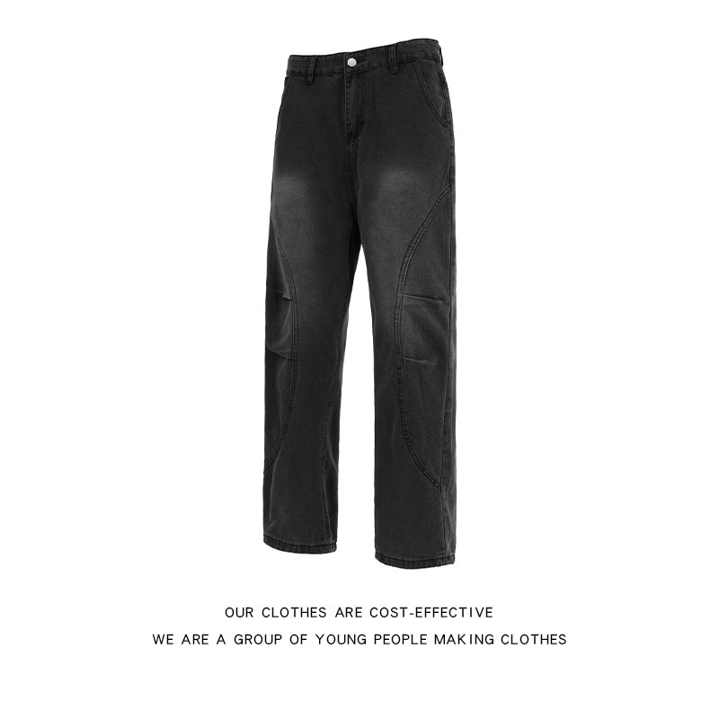 Men's Retro Patchwork Curved Blade Jeans mid Waist Loose Straight Leg Slightly Flared Pants Autumn/Winter American Style Blue_mkmklike.com