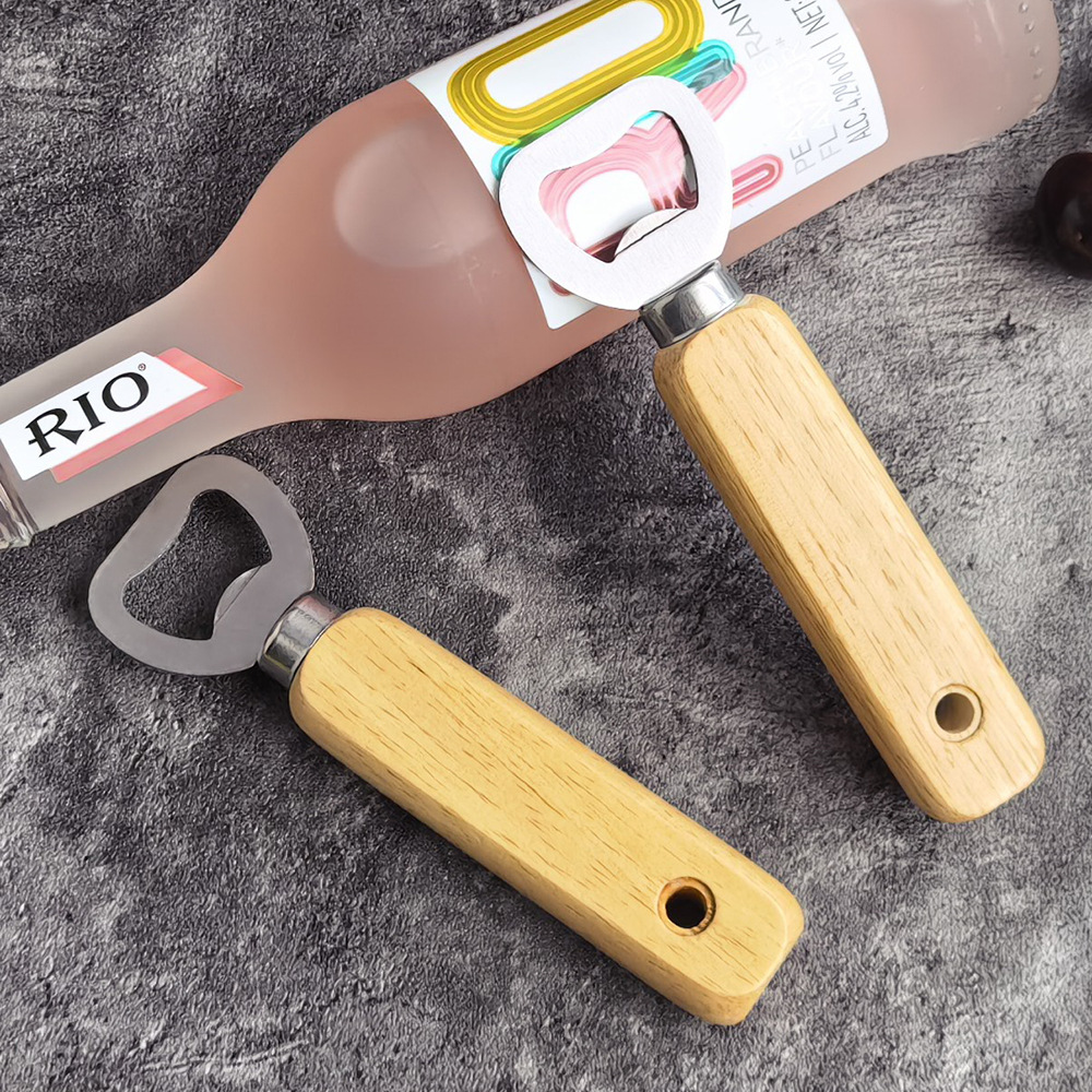 Acero inoxidable transfronterizo mango de madera cerveza abrebotellas casera abrebotellas portátil de madera maciza herramientas de cocina creativas
