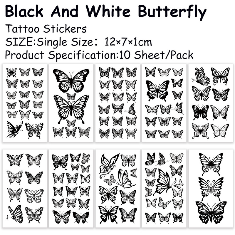 10 Sheets/Pack Black and White Butterfly Tattoo Stickers Party Party Creative Arm Stickers Face Stickers DIY Decorative Temporary Stickers
