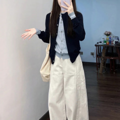 学院小香风蓝色针织开衫套装女2025韩系早秋流行穿搭一整套高级感