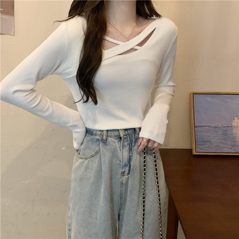 White Inner Cross-Over Discreet Bottoming Shirt, Spring & Fall Chic Slim-Fitting Top, Simple Design Long-Sleeved T-Shirt
