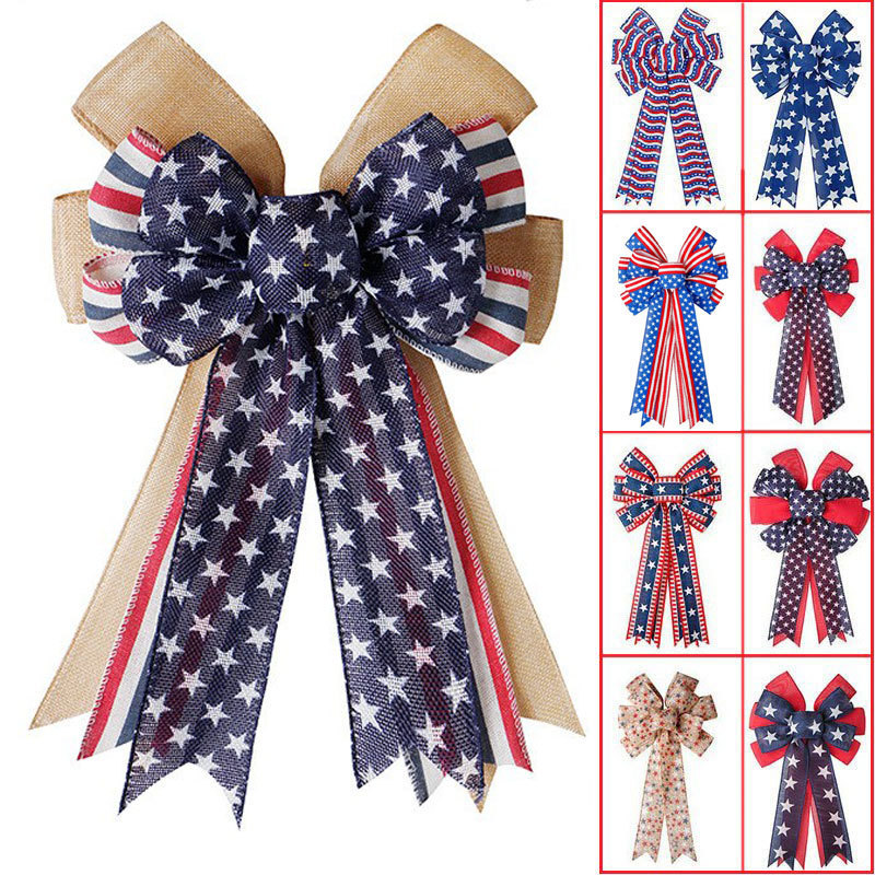 仿麻铁线边手工蝴蝶结美国独立日国庆节日主题派对装饰丝带