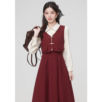 Red dress Petite Autumn New Super Good-looking Slim Girls Long-sleeved Fake Two-piece suit Shirt Skirt