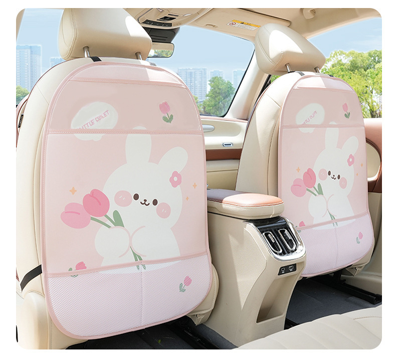 Blue Rain car seat back protector, featuring a cute cartoon bear design, is a car rear seat organizer that protects against dirt and kicks