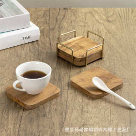 实木杯垫咖啡杯隔热垫带铁艺金属架防烫垫玻璃杯餐垫正方形杯托