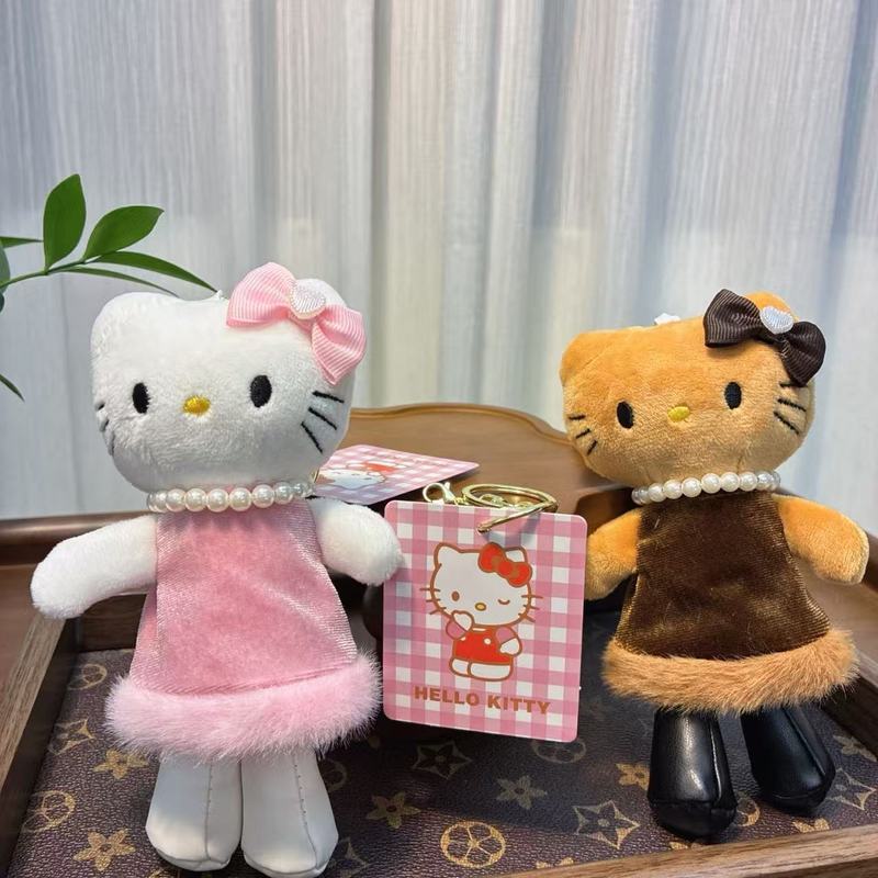 日系新款NIC豹纹黑皮爱心扣长腿kitty包挂件毛绒凯蒂猫钥匙扣挂饰|undefined