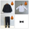 Fleece black suit, trousers, shirt, bow tie, maple leaf lapel pin