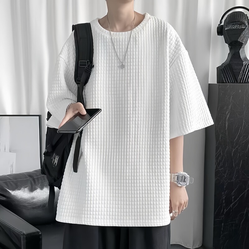 Waffle Three-Dimensional Hong Kong Style Men's T-Shirt Niche Design Trendy Brand Short-Sleeve Summer Versatile Loose Casual T-Shirt Men